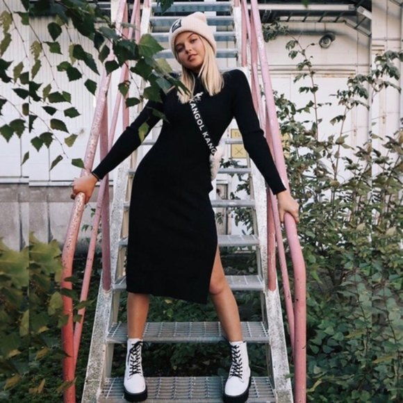 Kangol X H&M Womens L Black Long Sleeves Embroidered Ribbed Knit Bodycon Dress - Picture 3 of 13